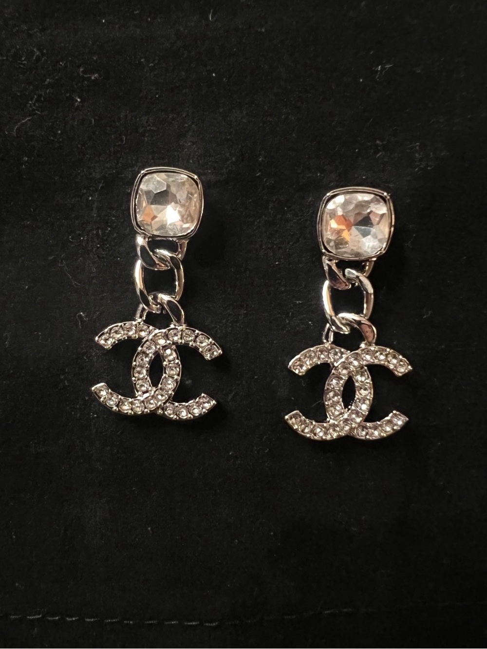 ChaneI Silver Tone Crystal Dangle Logo Earrings Bezelle Set Crystal